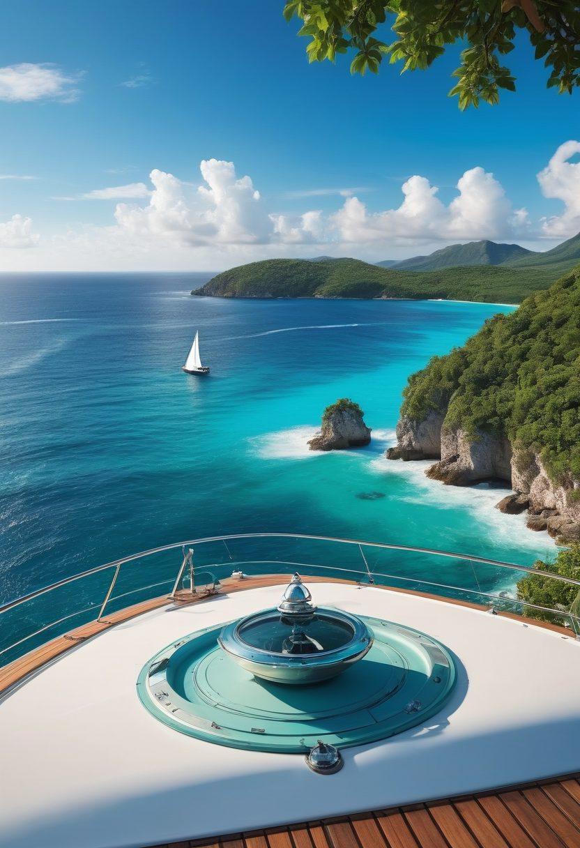 A serene scene of a luxurious yacht sailing on calm turquoise waters, surrounded by lush green islands under a clear blue sky. Incorporate symbols of insurance, like a shield or umbrella, subtly integrated into the yacht's design or the waves. Depict a compass and a map gently resting on the deck as an invitation to exploration. Capture the essence of safety and adventure in a vibrant, inviting atmosphere. super-realistic. vibrant colors. bright sky.
