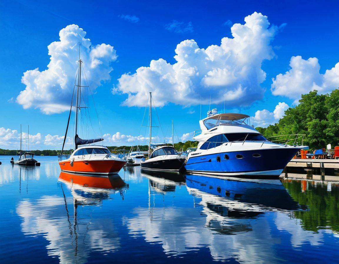 A serene harbor scene showcasing a sleek sailboat and a powerful motorboat anchored side by side. Both boats display vibrant colors and unique designs, symbolizing tailored coverage. In the background, a clear blue sky with fluffy clouds enhances the tranquility of the setting. The water reflects the colorful boats, creating a harmonious atmosphere of adventure and security. painting. bright colors. tranquil ambiance.