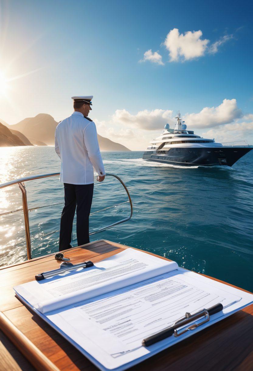 A serene scene of a luxury yacht sailing on calm blue waters, surrounded by soft waves. In the foreground, a confident captain stands with a clipboard, symbolizing insurance and protection. In the background, a picturesque coastline hints at adventure, while an overlay of insurance documents subtly integrates the theme of liability. The image should evoke trust and security with a bright and sunny atmosphere. super-realistic. vibrant colors. 3D.